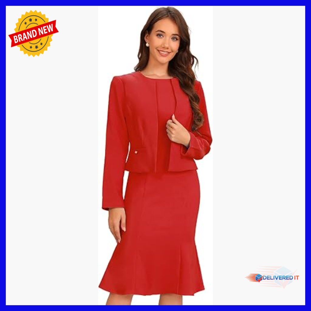 Sleeveless Midi Dress And Crop Blazer Suit Set, Polyester Spandex Blend,